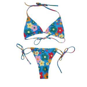 Floral Print Triangle Bikini Set Womens Adjustable Tie Straps Size M Swimsuit
